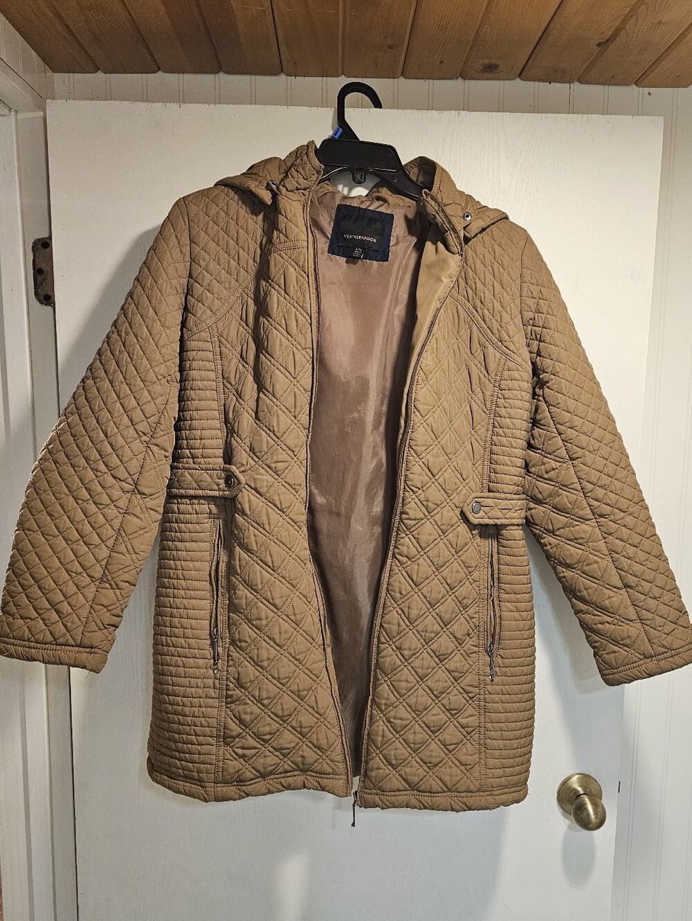 Weatherproof Women's Quilted Hooded Mid-Length Lightweight Coat Tan Large